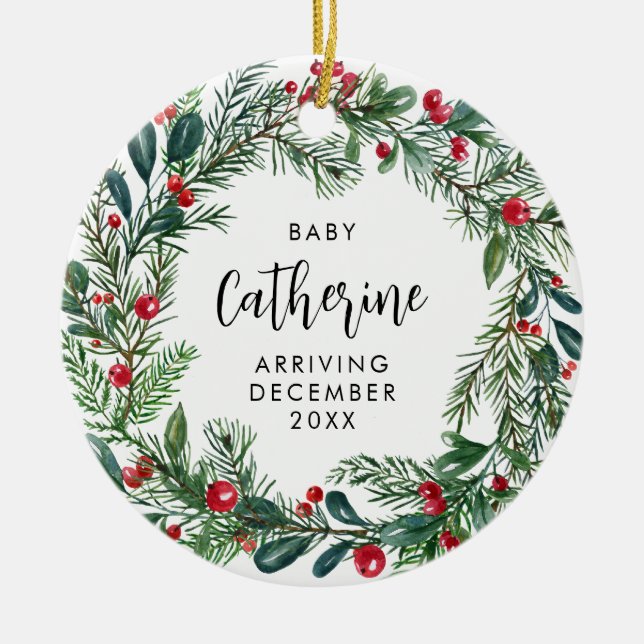 Expecting Baby Pregnancy Announcement Botanical Ceramic Tree Decoration (Front)