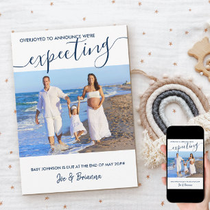 Expecting Photo and Elegant Script Blue Pregnancy Announcement
