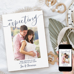 Expecting Photo Elegant Script Navy Pink Pregnancy Announcement
