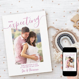 Expecting Photo Elegant Script Pink Navy Pregnancy Announcement