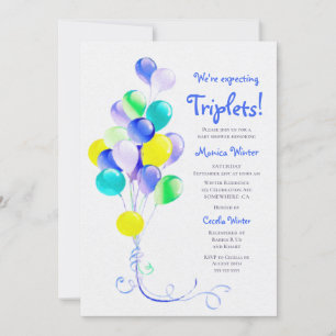 Expecting Triplets Blue Balloons Baby Shower Invitation