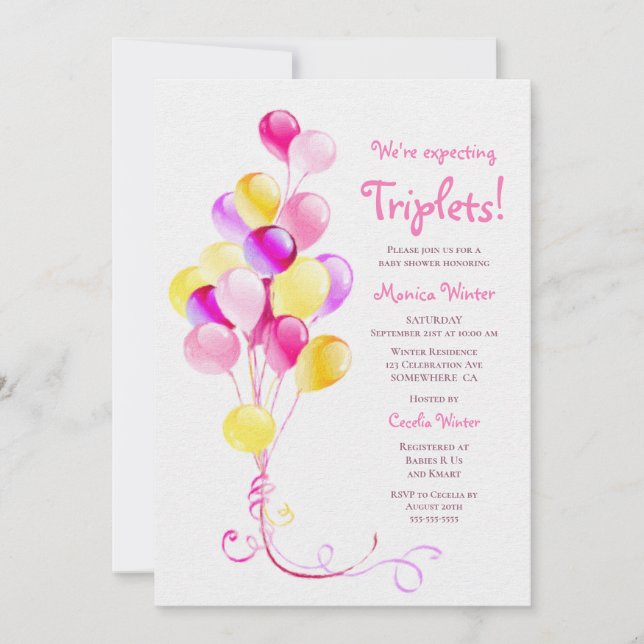 Expecting Triplets Pink Balloons Baby Shower Invitation (Front)