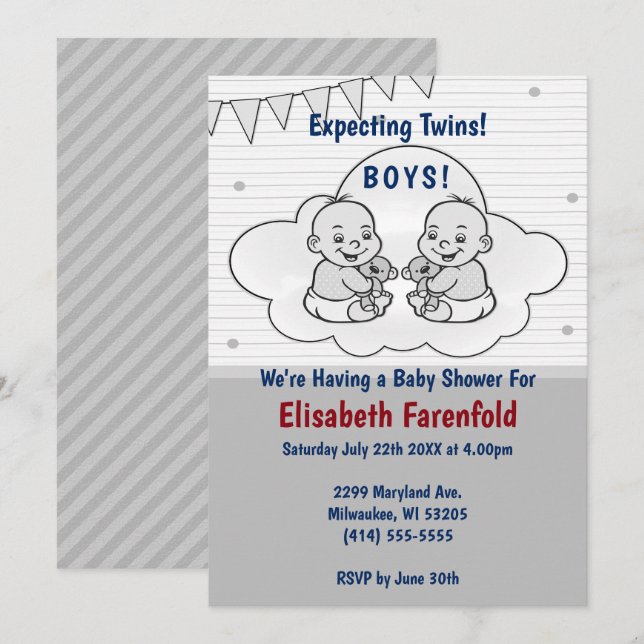 Expecting Twin Boys Cloud Baby Shower Grey Shades Invitation (Front/Back)