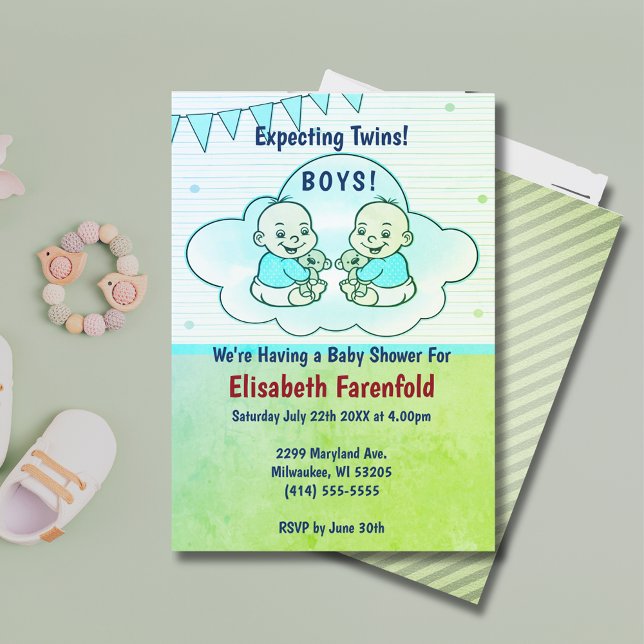 Expecting Twin Boys in Cloud Green Baby Shower Invitation (Expecting Twin Boys in Cloud Green Baby Shower Invitation)