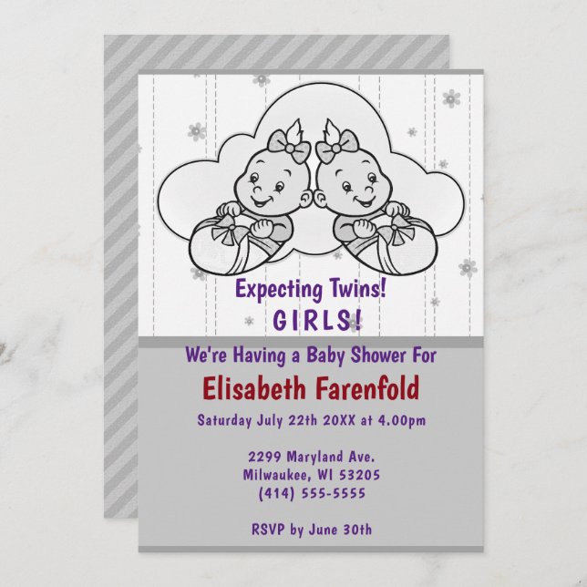 Expecting Twin Girls Cloud Baby Shower Grey Shades Invitation (Front/Back)