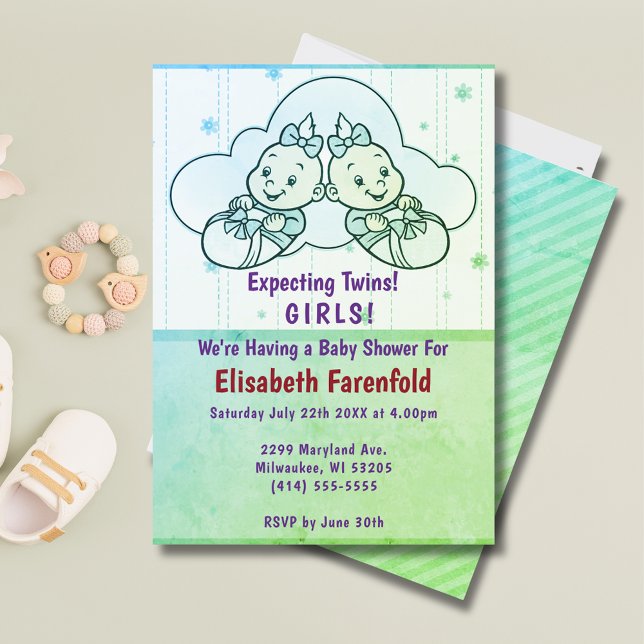 Expecting Twin Girls Cloud Baby Shower in Green Invitation (Expecting Twin Girls Cloud Baby Shower in Green Invitation)