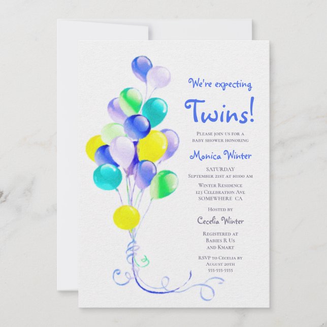 Expecting Twins Blue Balloons Baby Shower Invitation (Front)