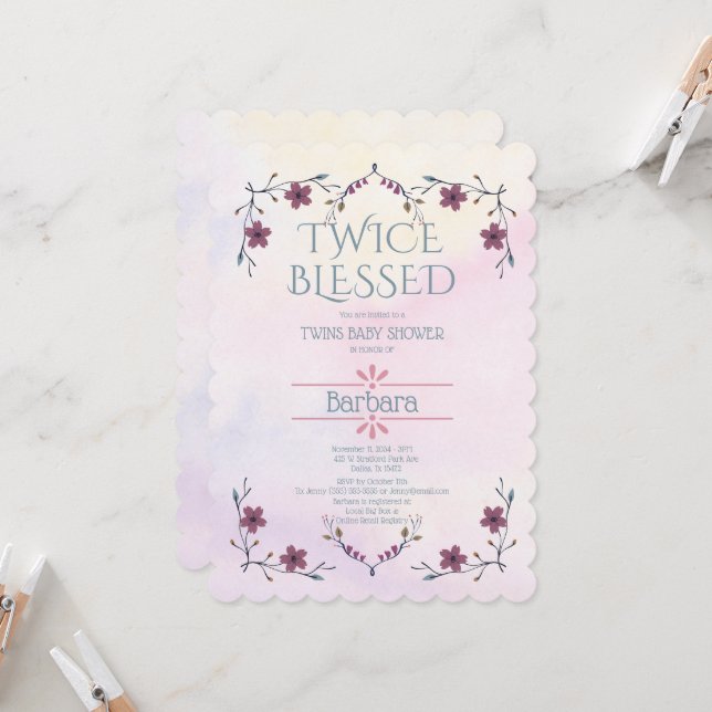 Expecting Twins: Boho floral & lavender watercolor Invitation (Front/Back In Situ)