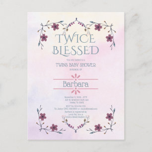 Expecting Twins:Boho Floral & Lavender Watercolor  Invitation Postcard