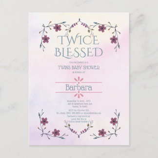 Expecting Twins:Boho Floral & Lavender Watercolor  Invitation Postcard
