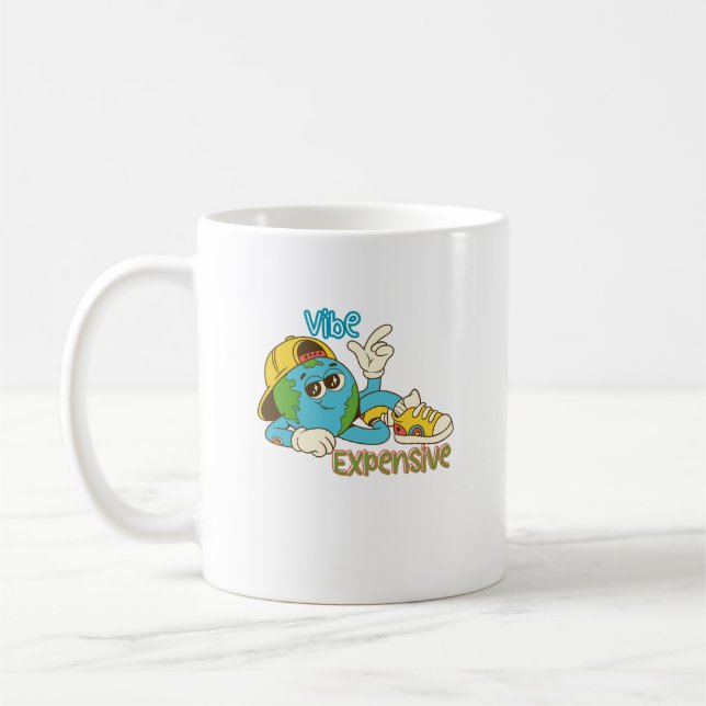 Expensive Vibe – Cool Retro Earth Character Design Coffee Mug (Left)