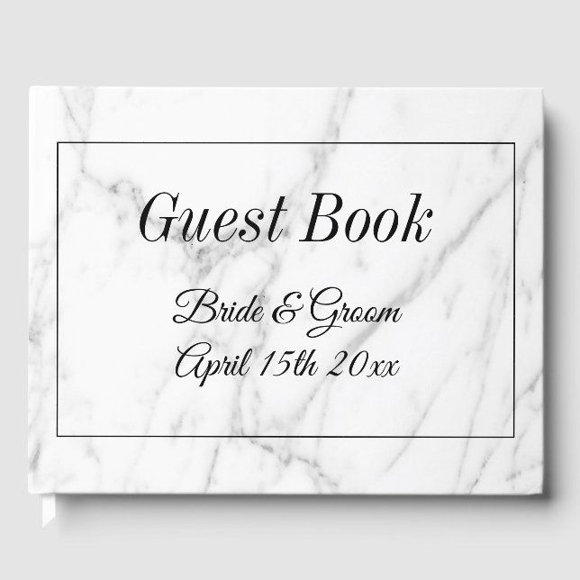 Expensive white marble print wedding guest book (Front)