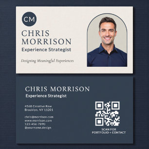 Experience Strategist Photo QR Code Navy Blue Business Card