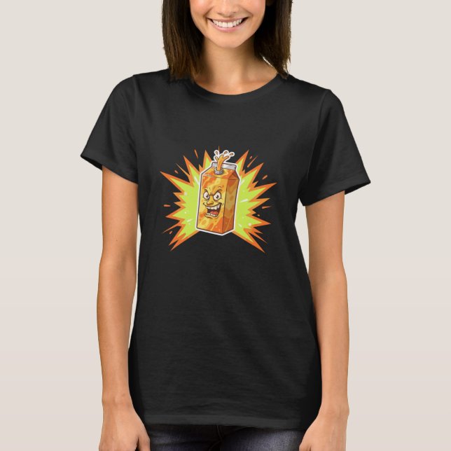 Exploding Angry Orange Juice Carton Cartoon T-Shirt (Front)