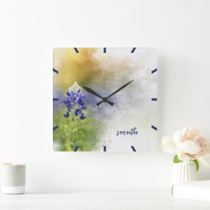 Exploding Bluebonnet Flower Watercolor Square Wall Clock