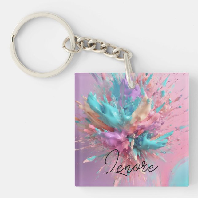 Exploding Paint Abstract Pink Turquoise Lilac Key Ring (Front)