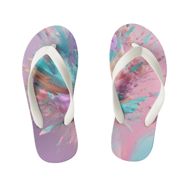 Exploding Paint Abstract Pink Turquoise Lilac Kid's Flip Flops (Footbed)