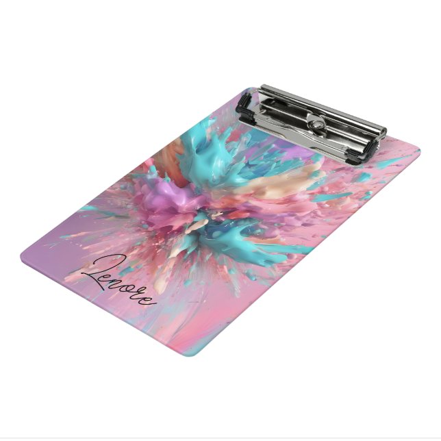 Exploding Paint Abstract Pink Turquoise Lilac Mini Clipboard (Angled3)