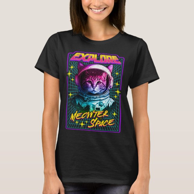 Explore Meowter Space  80s Style Astronaut Space C T-Shirt (Front)