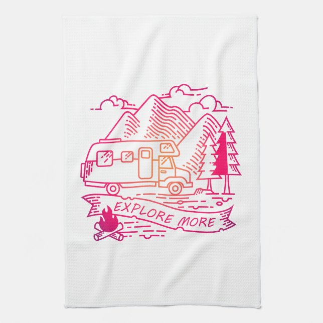 Explore More Pink Camper Van Mountain Nature Lover Tea Towel (Vertical)