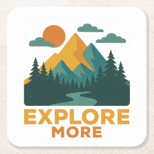 Explore More – Retro Mountain & Forest Adventure Square Paper Coaster