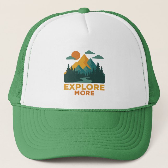Explore More – Retro Mountain & Forest Adventure Trucker Hat (Front)