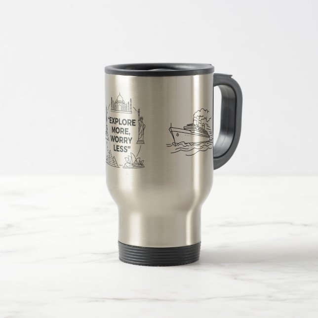 Explore More Worry Less Tumbler–Minimal Adventure Travel Mug (Front Right)