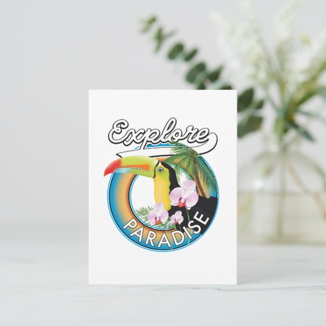 Explore Paradise Travel logo cartoon Postcard (Standing Front)