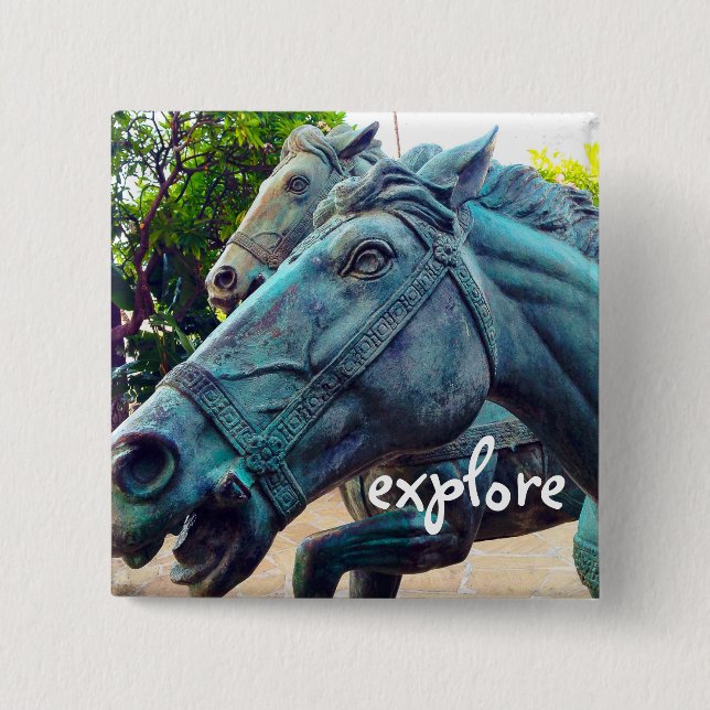 Explore Script Turquoise Horses Antique Statue 15 Cm Square Badge (Front)