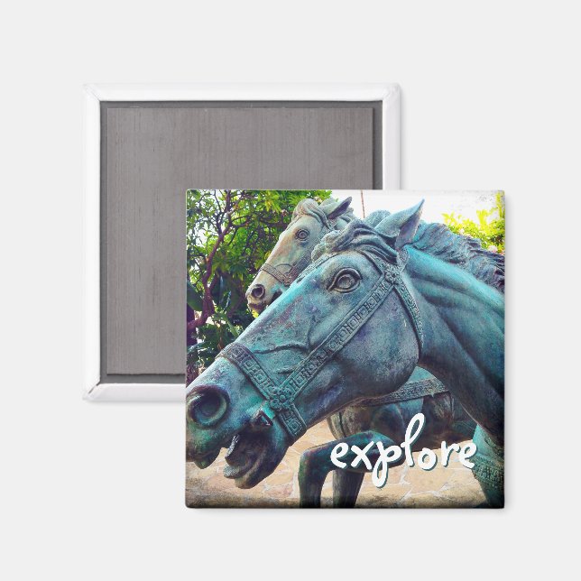 Explore Script Turquoise Horses Antique Statue Magnet (Front/Back)