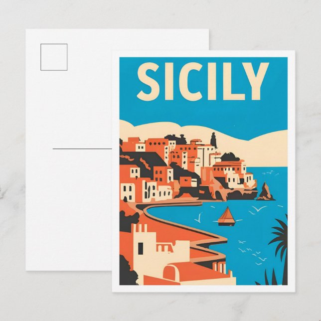 Explore Sicily Italy Vintage Travel Illustration Postcard (Front/Back)