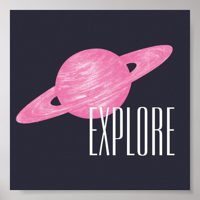 Explore Space Saturn Illustration Pink Navy Blue Poster (Front)
