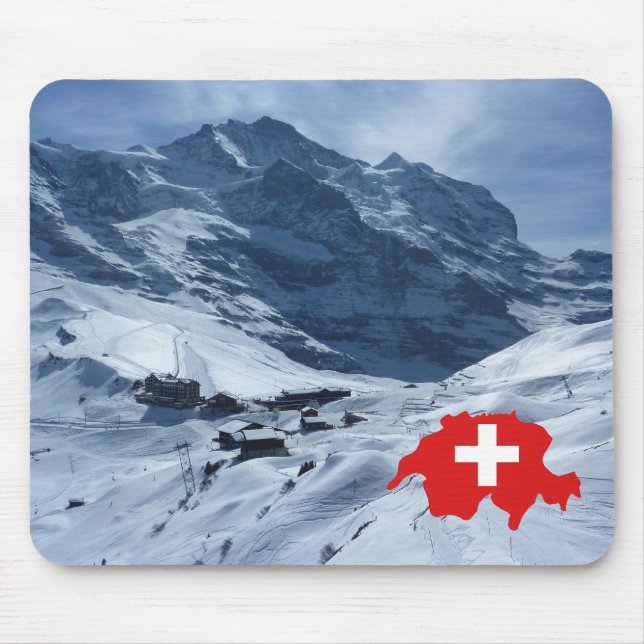 Explore Switzerland, Swiss scene, map with flag Mouse Mat (Front)