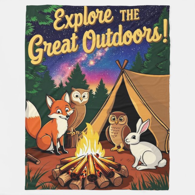 Explore the Great Outdoors Camping Scene Fleece Blanket (Front)
