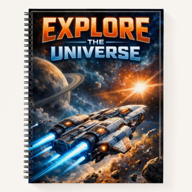 Explore the Universe – Sci-Fi Spaceship Notebook (Front)