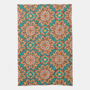 Explore Vibrant Floral Motifs in Geometric Pattern Tea Towel