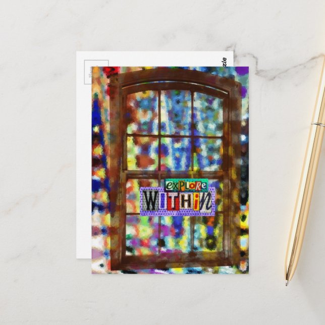 Explore Within Window Mixed Media Collage Postcard (Front/Back In Situ)