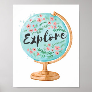 EXPLORE | World Globe Floral Watercolor Travel Art Poster