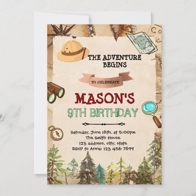 Explorer adventure birthday invitation (Front)