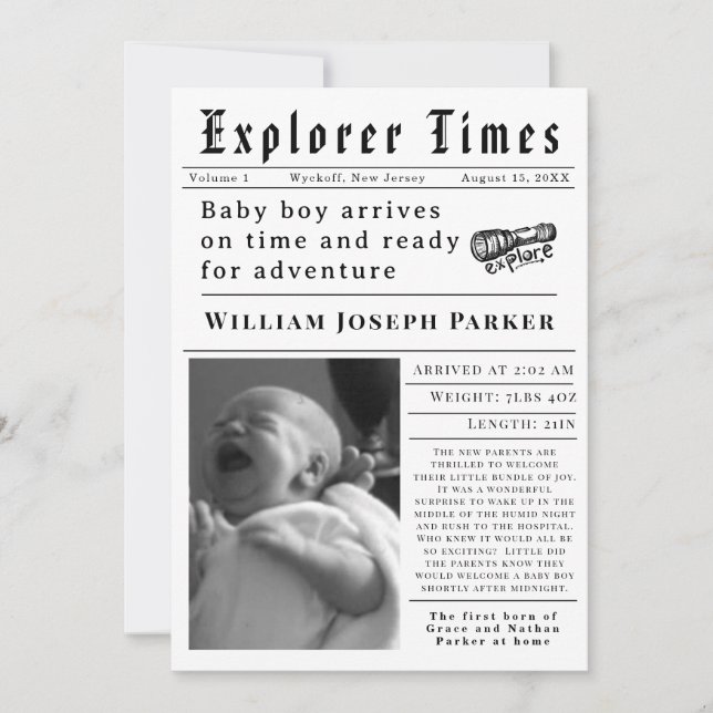 Explorer Times Newborn Birth Announcement (Front)