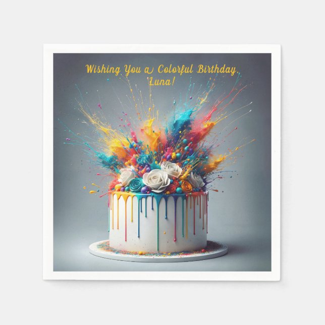 Explosion of Joy – Happy Birthday Cake Napkin (Front)