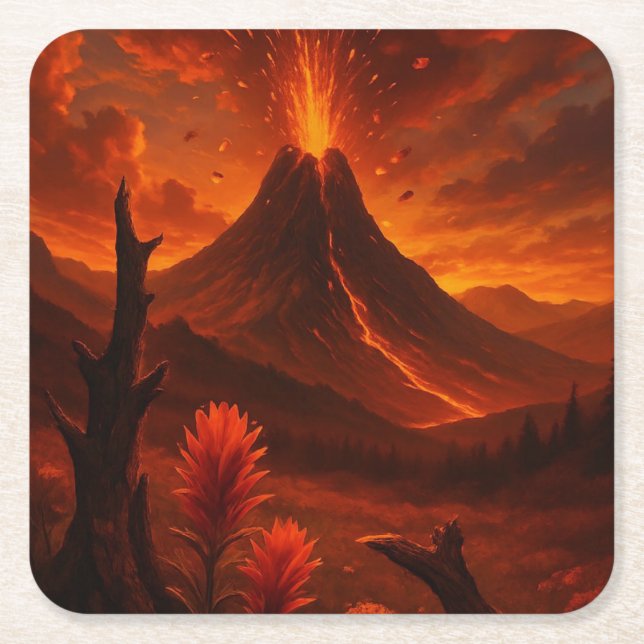 Explosive Beauty – Fantasy Volcano Square Paper Coaster (Front)