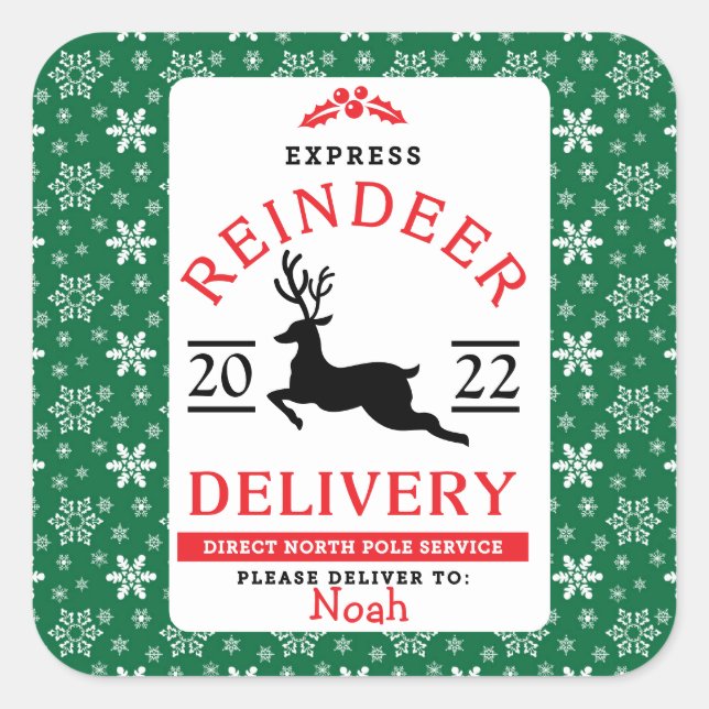 Express Reindeer Delivery Personalised Gift Square Sticker (Front)