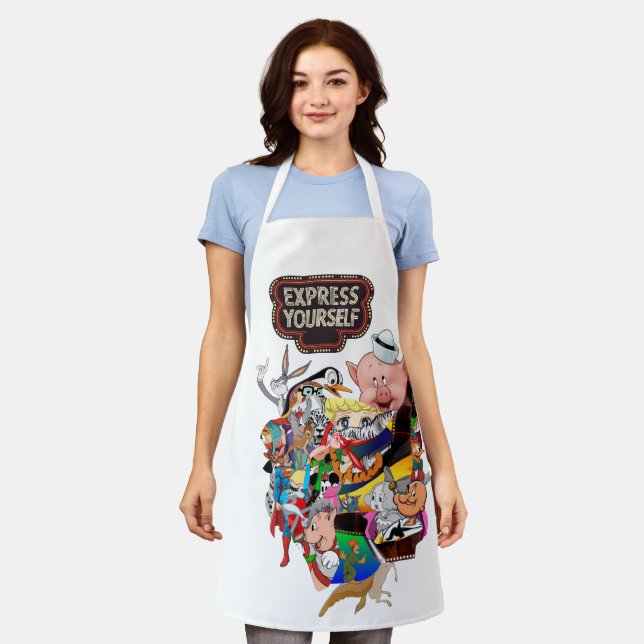 Express Yourself Retro Cartoon Collage Kitchen Apr Apron (Worn)
