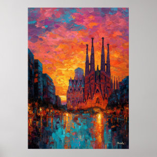 Expressionist Barcelona Skyline Vibrant Cityscape  Poster
