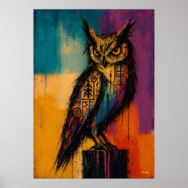 Expressionist Owl in Colour Fields Abstract Poster (Front)