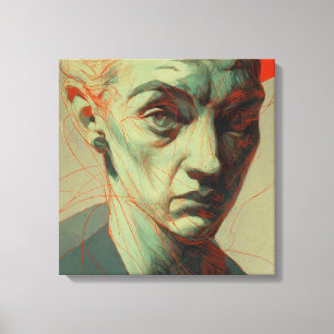 Expressionist Portrait with Red Scribble Overlay Canvas Print