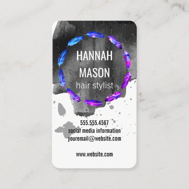 Expressive Black Brushed / Feather Embellishment Business Card (Front)