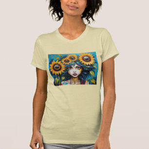 Expressive Girl's Face With Sunflowers T-Shirt