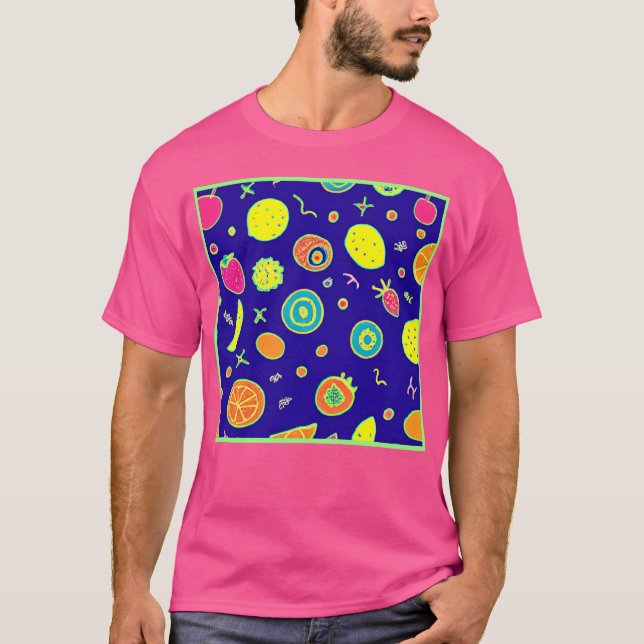 Expressive Neon Fruit Artistry Pattern T-Shirt (Front)